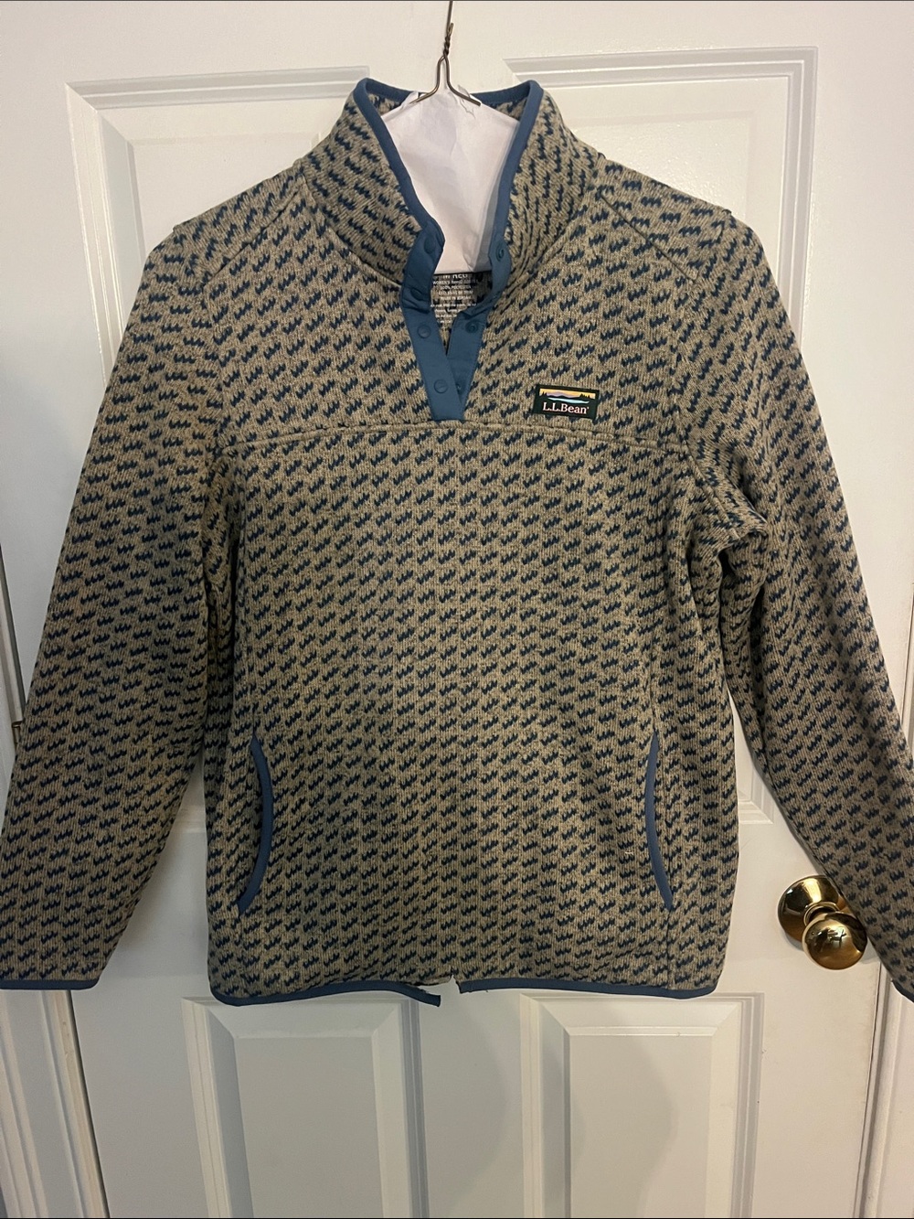 L.L. Bean  Blue and Cream Patterned Zip-Up Fleece Pullover